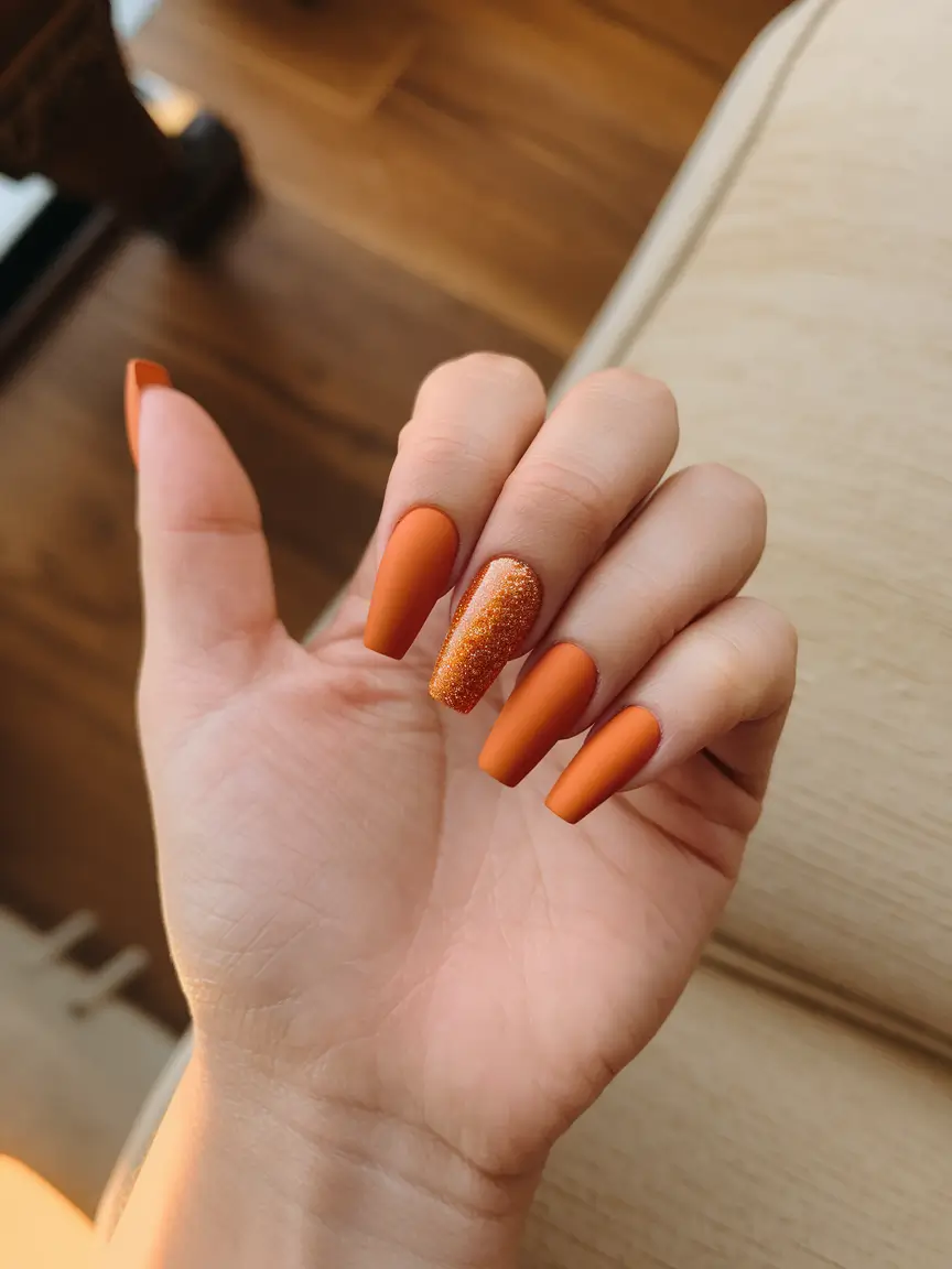 fall coffin nail ideas simple Burnt Orange with Sugared Sparkle Accent