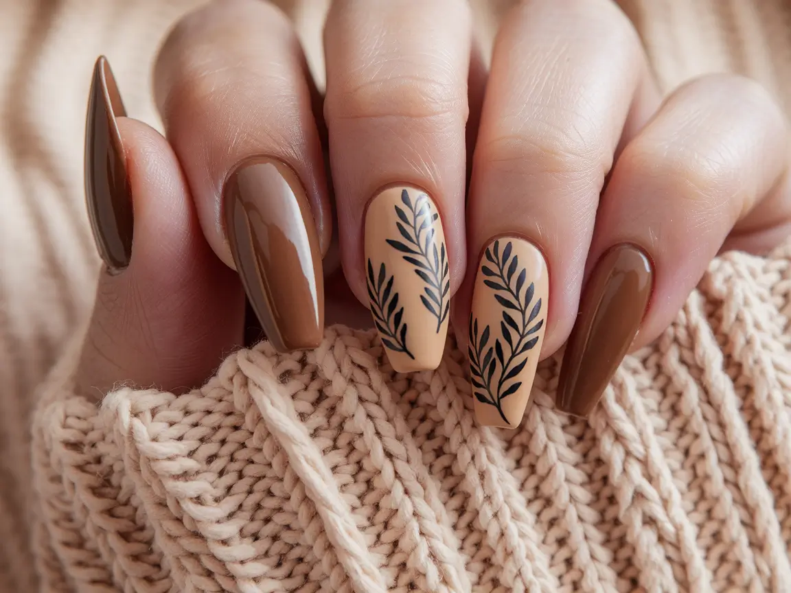 fall coffin nail designs autumn Caramel Gloss with Botanical Contrast
