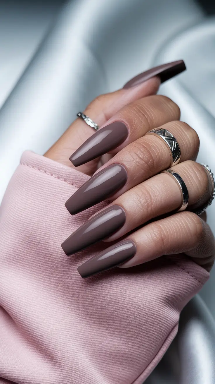 fall coffin nail ideas brown Glossy Mauve-Brown Perfection