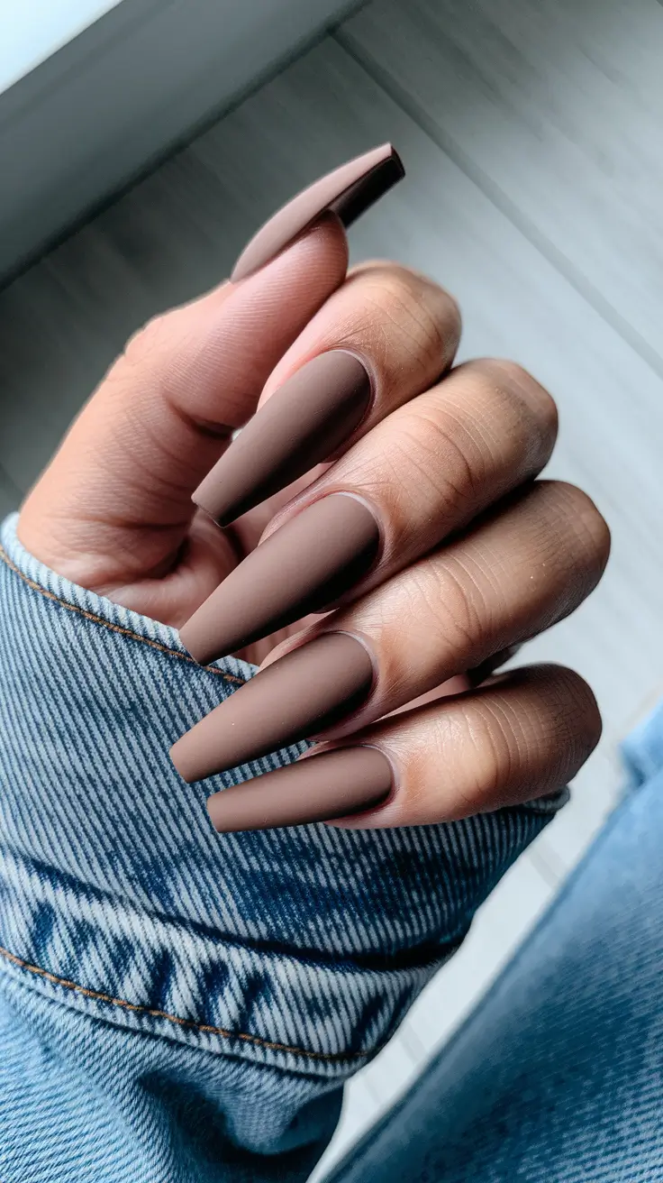 fall coffin nail ideas brown Matte Cocoa with Rich Minimalism