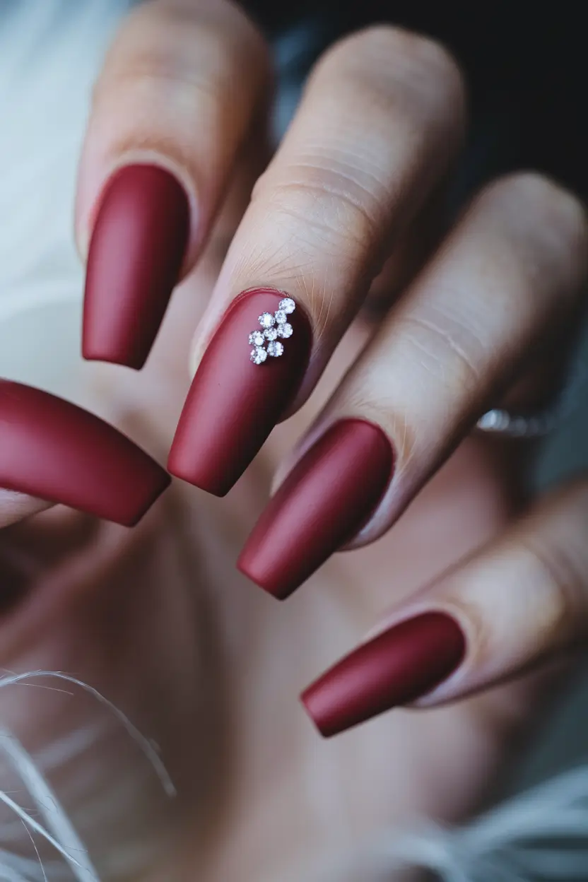 fall coffin nail ideas Velvet Burgundy With Crystal Accents