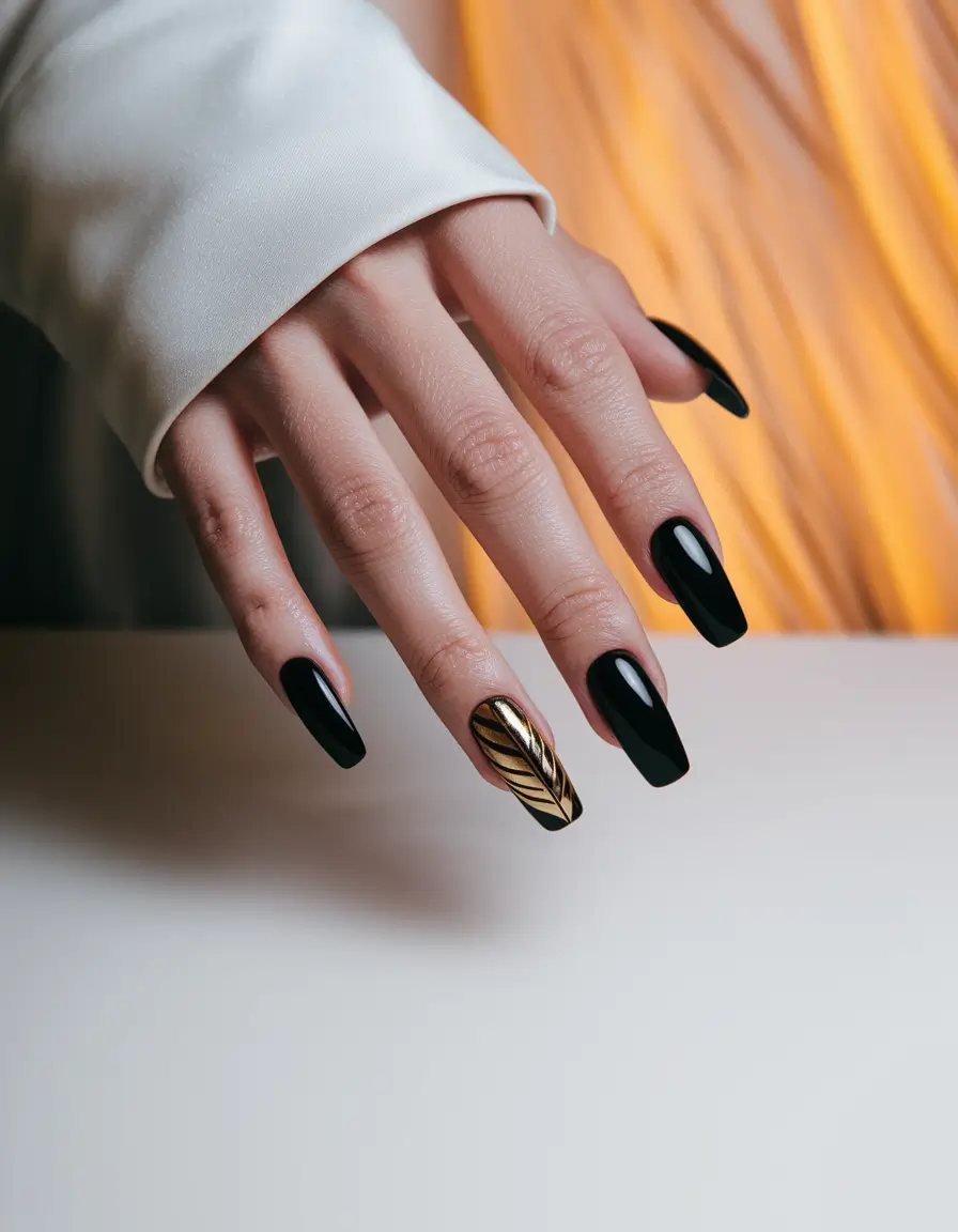 fall coffin nail ideas black Glossy Black with Golden Foil Accent
