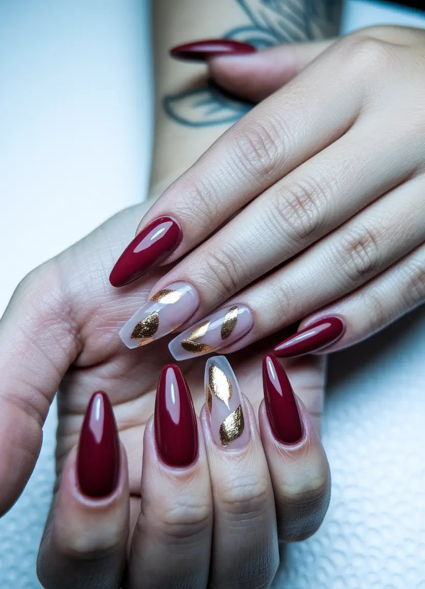 fall coffin nail ideas burgundy Burgundy and Gold Swirl Elegance
