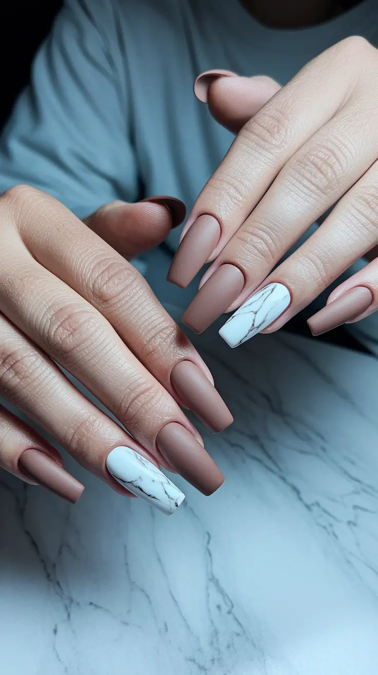 fall coffin nail ideas simple Matte Taupe with Marble Detail