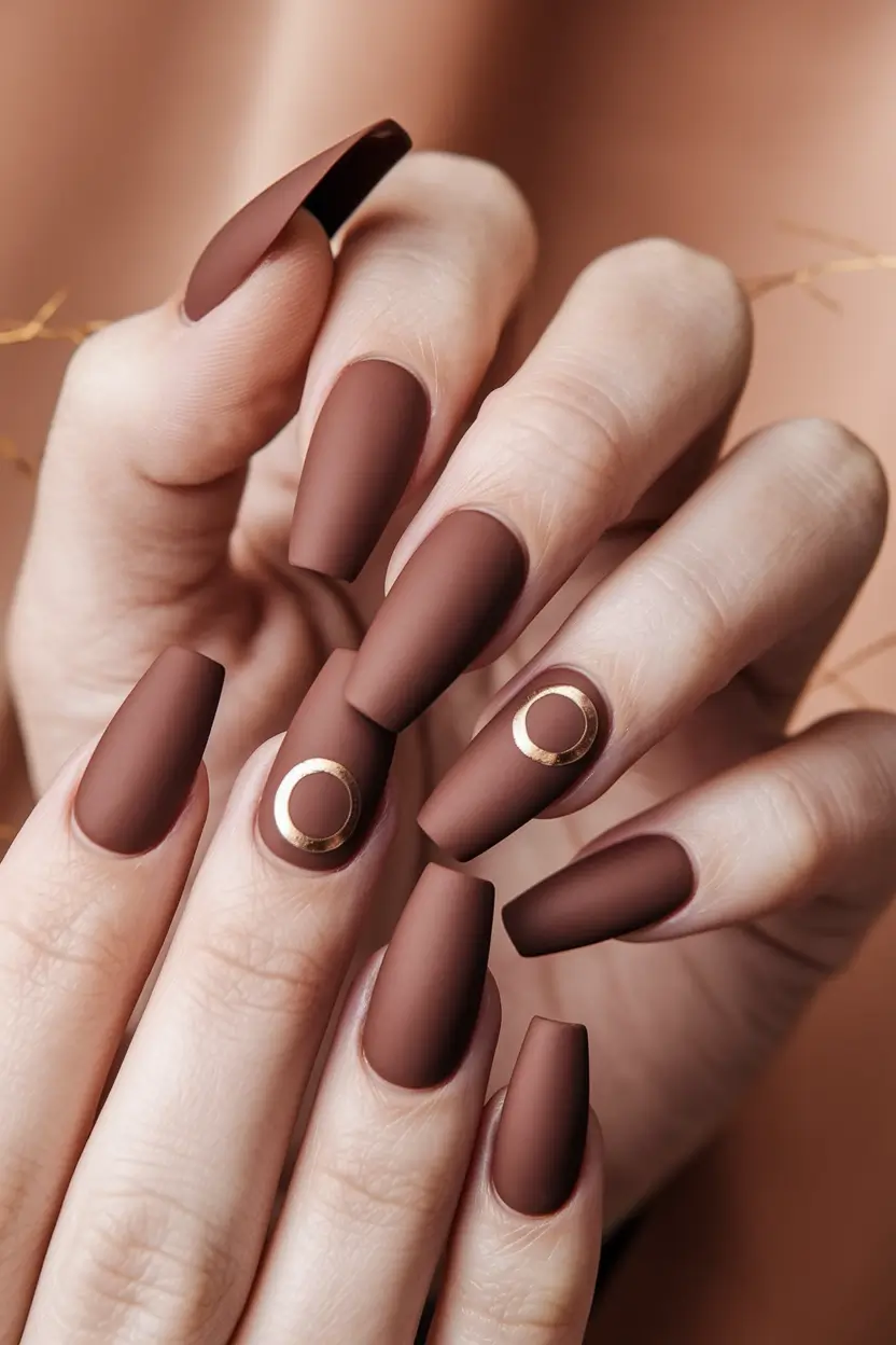 fall coffin nail ideas brown Warm Cocoa Matte with Gold Circle Accents