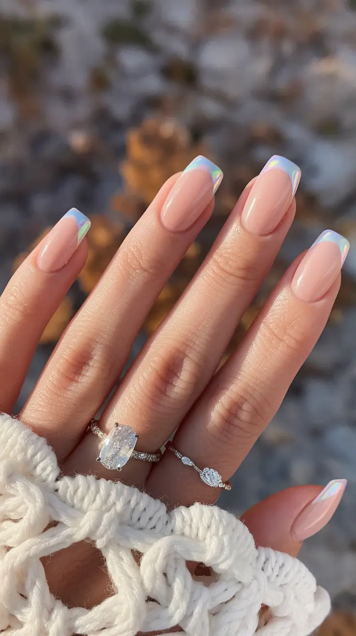 fall french tip nails square Iridescent Shine on a Soft Square Tip