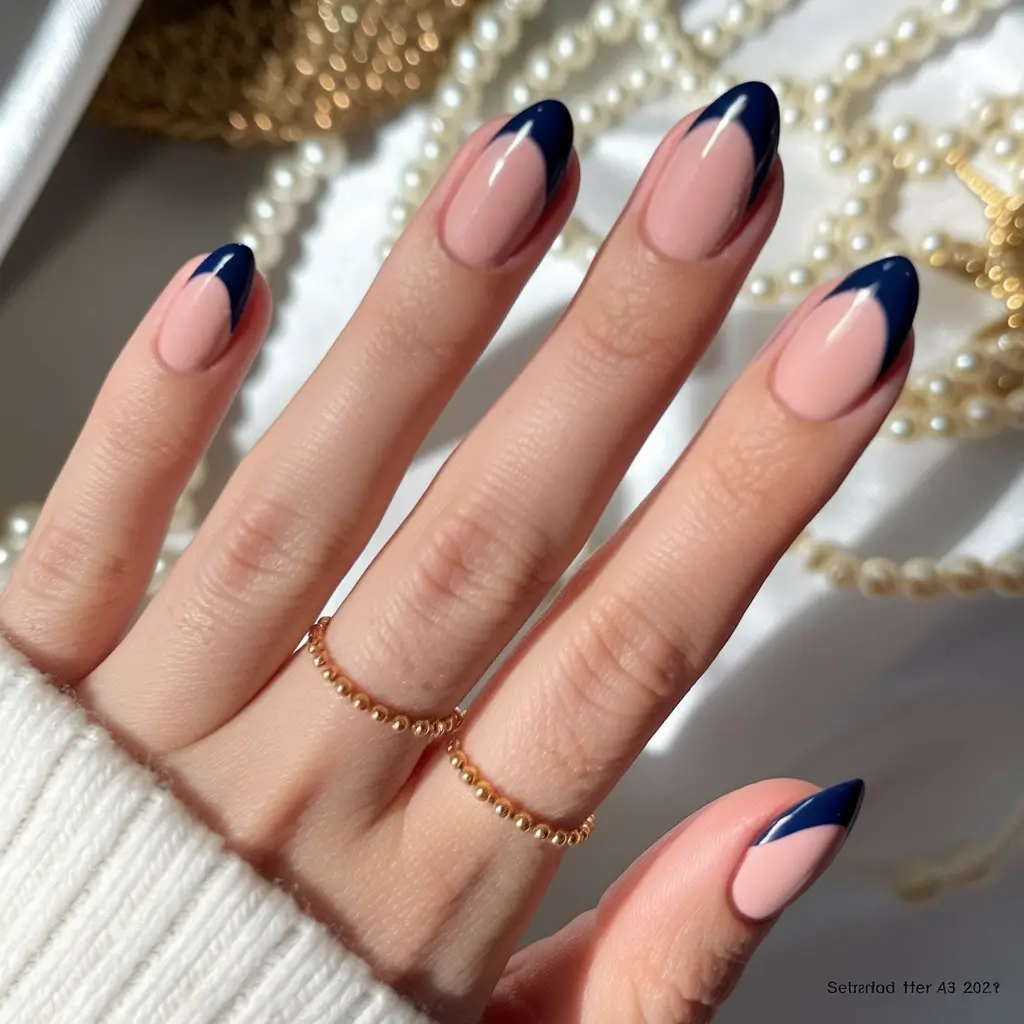 fall french tip nails designs almond Navy Accent Tips on a Glossy Almond Base