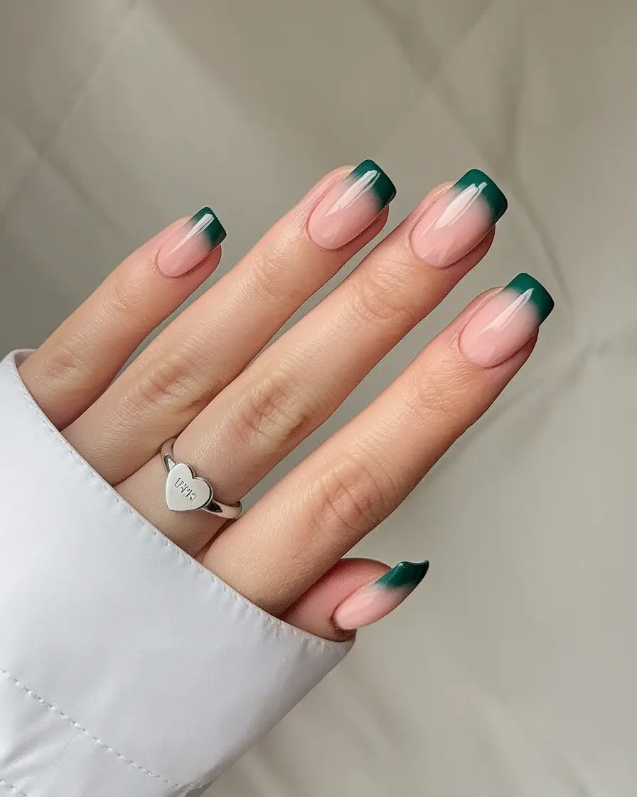 fall french tip nails square Green Edge Revival on a Bare Base