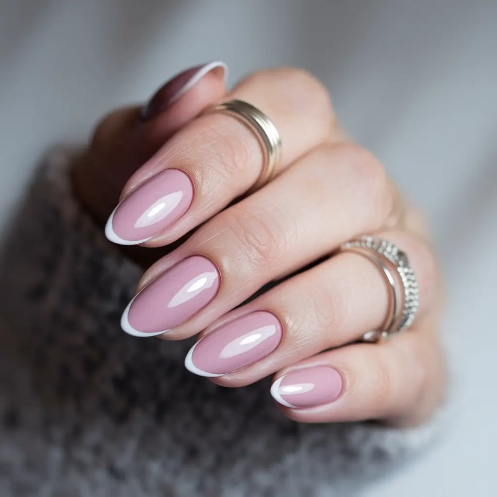 fall french tip nails designs almond Blushed Mauve with Crisp White Curves