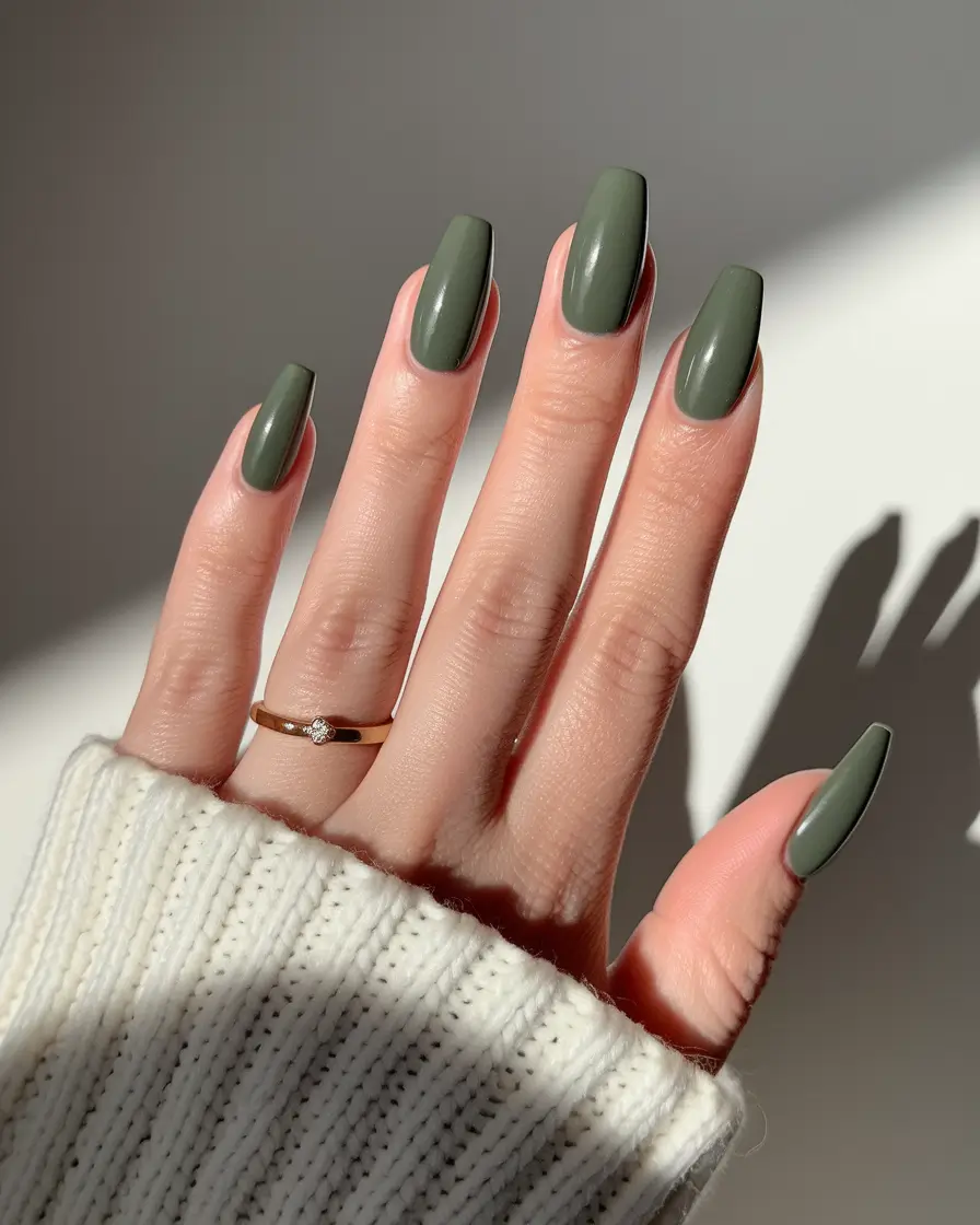 fall green nails coffin Olive Gloss Long Coffin