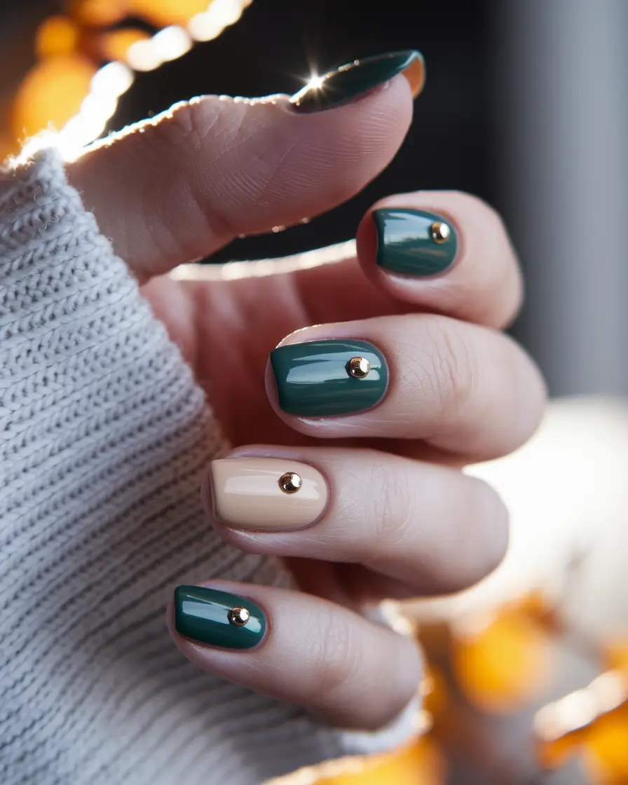 fall green nails short Green & Nude with Gold Studs