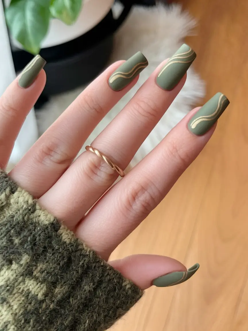 fall green nails matte Matte Wavy Lines on Sage Green