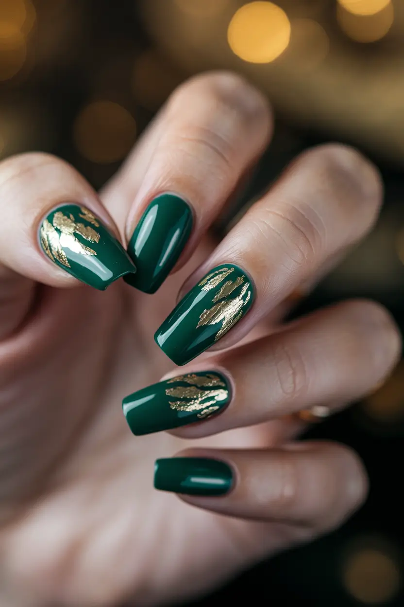 fall green nails design Emerald Drama with Gold Accents