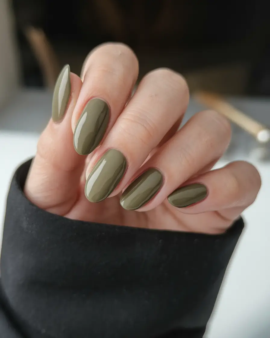 fall green nails almond Khaki-Chic in a Glossy Finish
