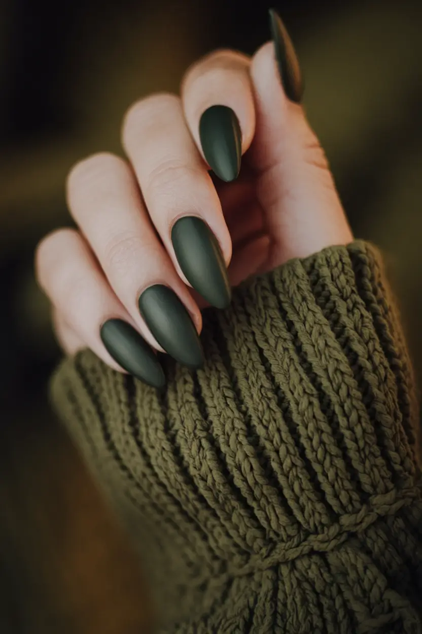 fall green nails matte Matte Deep Olive Elegance