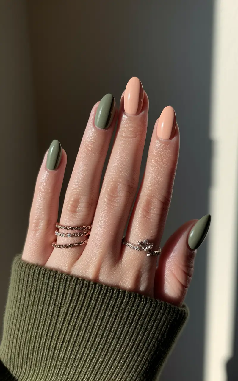fall green nails art designs Split Personality: Moss & Peach Colorplay