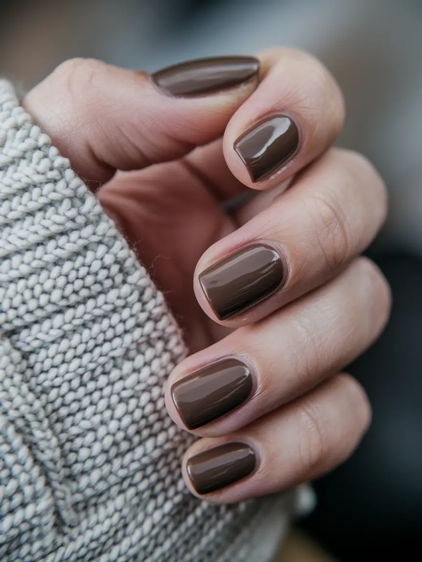 Stylish Fall 2025 Manicure Ideas – Milk-Chocolate Micro-Gloss (Short)