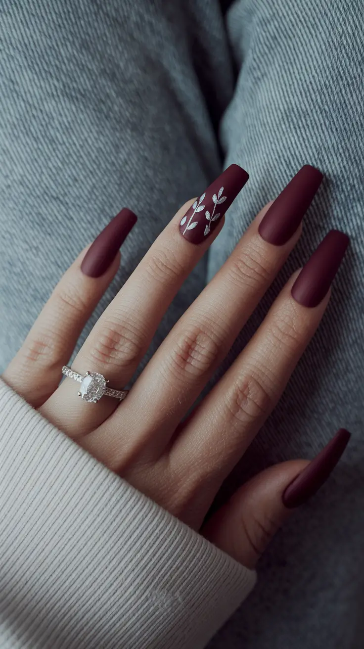 fall manicure – Matte Merlot with Silver Sprigs