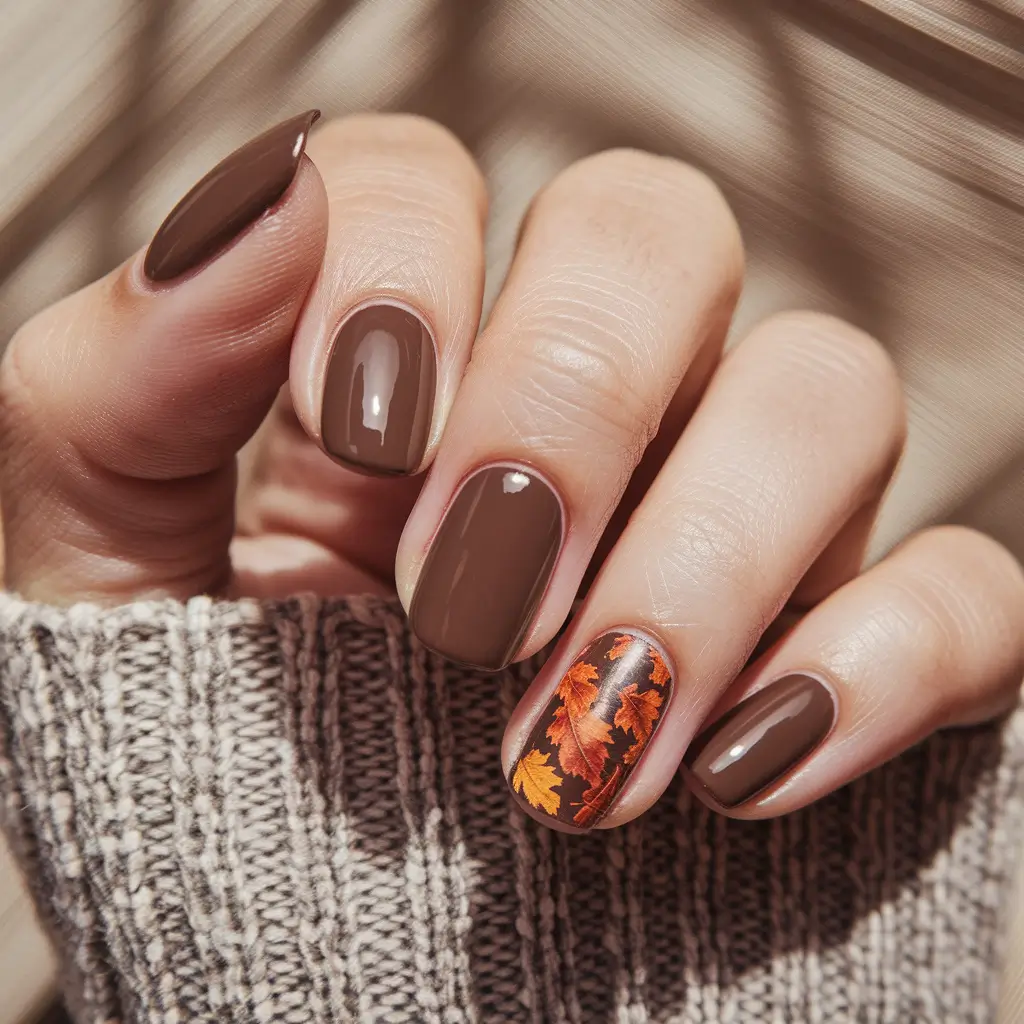 Stylish Fall 2025 Manicure Ideas – Autumn Leaf Accent Short