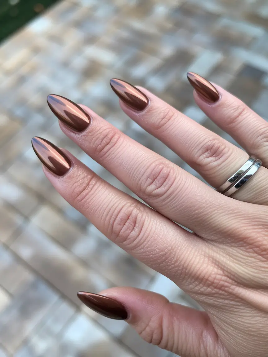 Stylish Fall 2025 Manicure Ideas – Bronzed Mirror Almonds