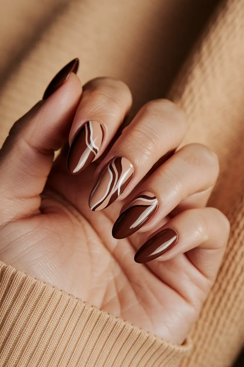 Stylish Fall 2025 Manicure Ideas – Cappuccino Swirl Lines