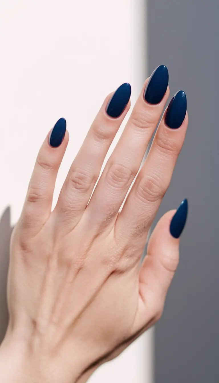 Fall Nail Colors 2025: Ideas for Women Over 40 + Inky Navy Almond with Satin Sheen