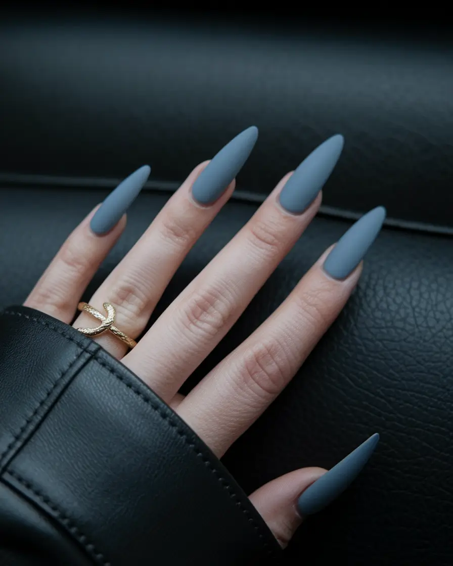 Fall Nail Colors 2025: Ideas for Women Over 40 — Slate-Blue Matte Stiletto