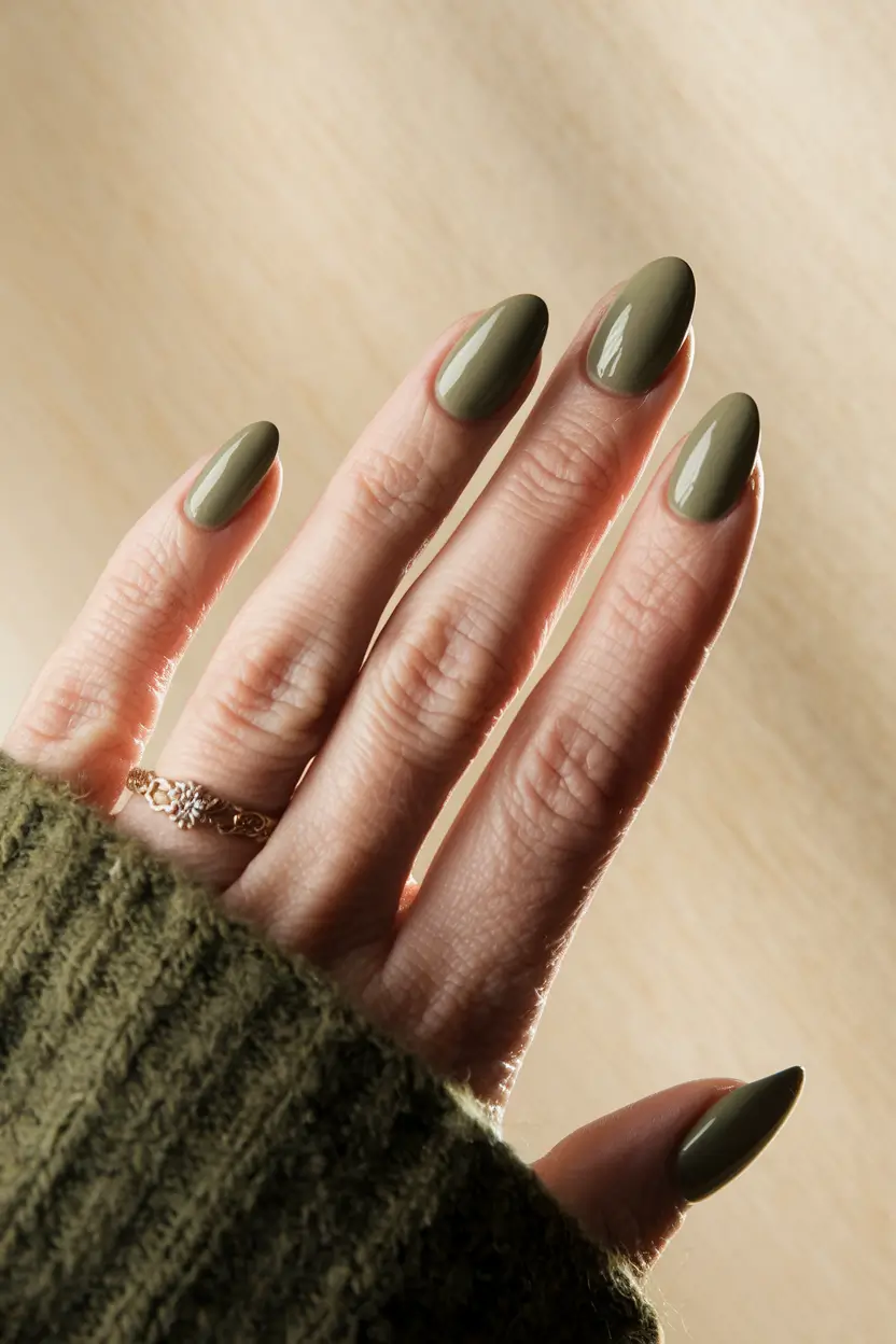 Fall 2025 Nail Color Ideas for Women Over 50 - Mossy Olive Gloss for Short Almond
