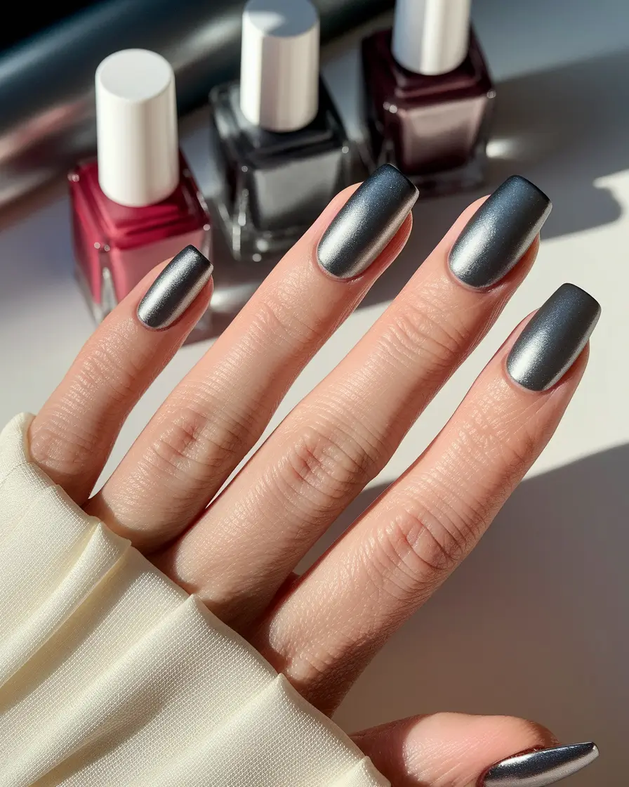 Fall 2025 Nail Color Ideas for Women Over 50 - Gunmetal Satin with Chrome Soft-Glow