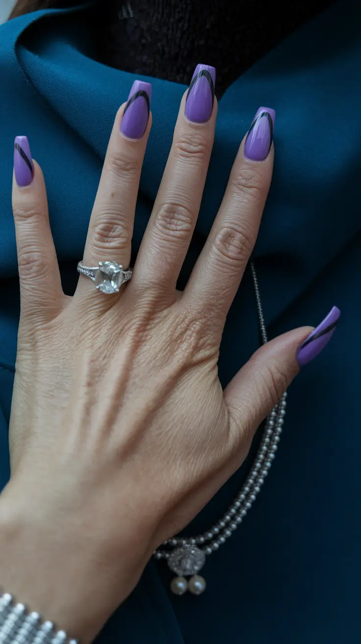 Fall 2025 Nail Color Ideas for Women Over 50 – Violet Swirl Tips on Elegant Squares