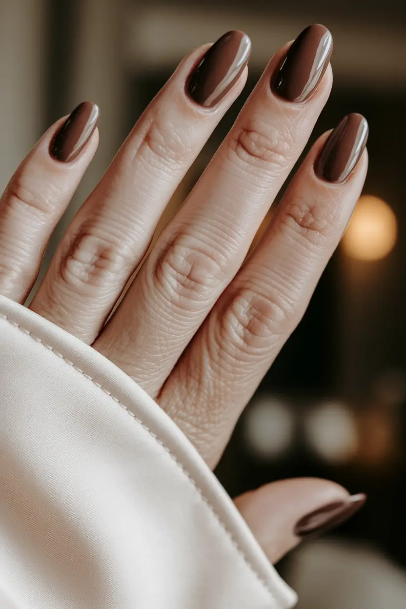 Fall 2025 Nail Color Ideas for Women Over 50 – Milk-Chocolate Ovals with Studio Shine