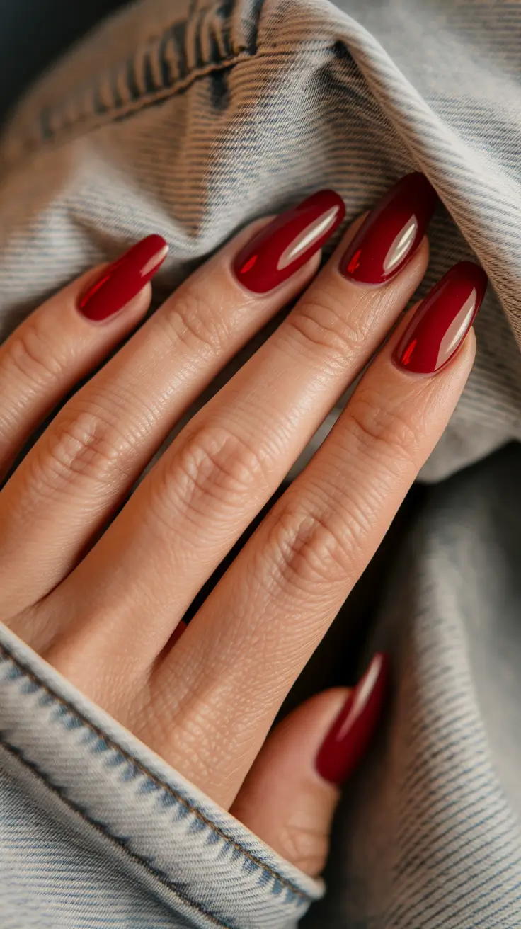 Fall 2025 Nail Color Ideas for Women Over 50 – Classic Ruby Almonds