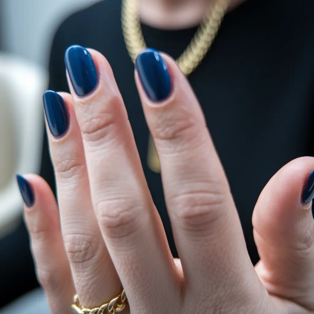 Fall 2025 Nail Color Ideas for Women Over 50 – Midnight Navy on Short Ovals