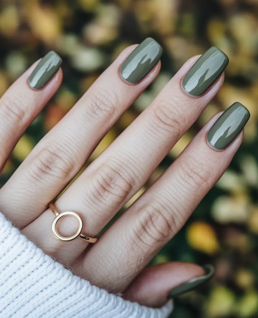Fall 2025 Nail Color Ideas for Women Over 50 – Sage-Leaf Olive, Glossy Squovals