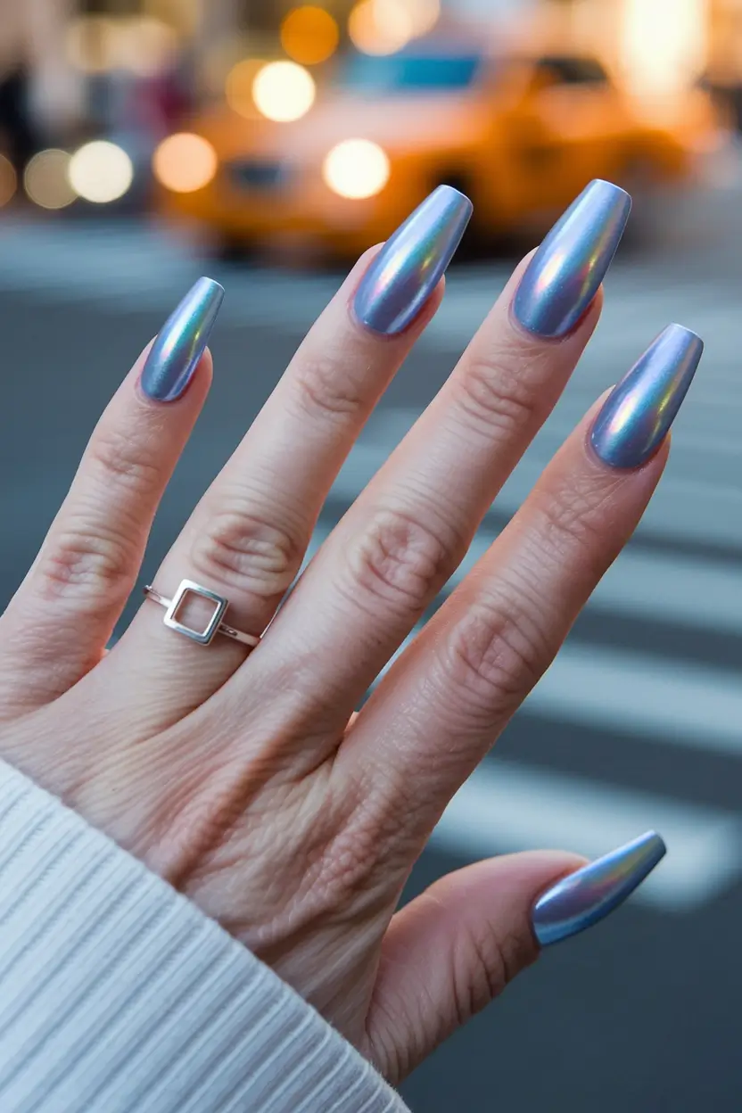 Best Fall 2025 Nail Color Ideas for Women Over 60 — Oyster Chrome Coffin — Cool-Toned Glow That Reads Luxe