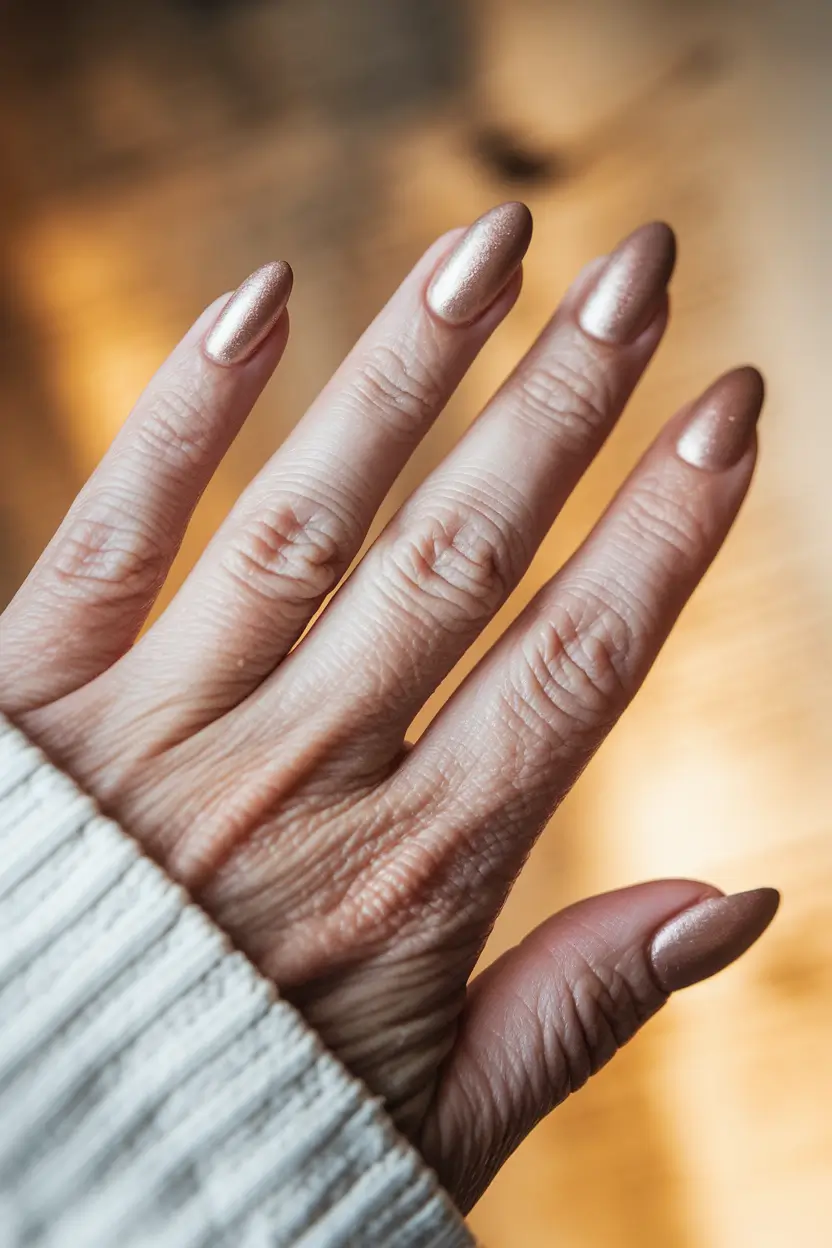 Best Fall 2025 Nail Color Ideas for Women Over 60 – Champagne Chrome Sheen