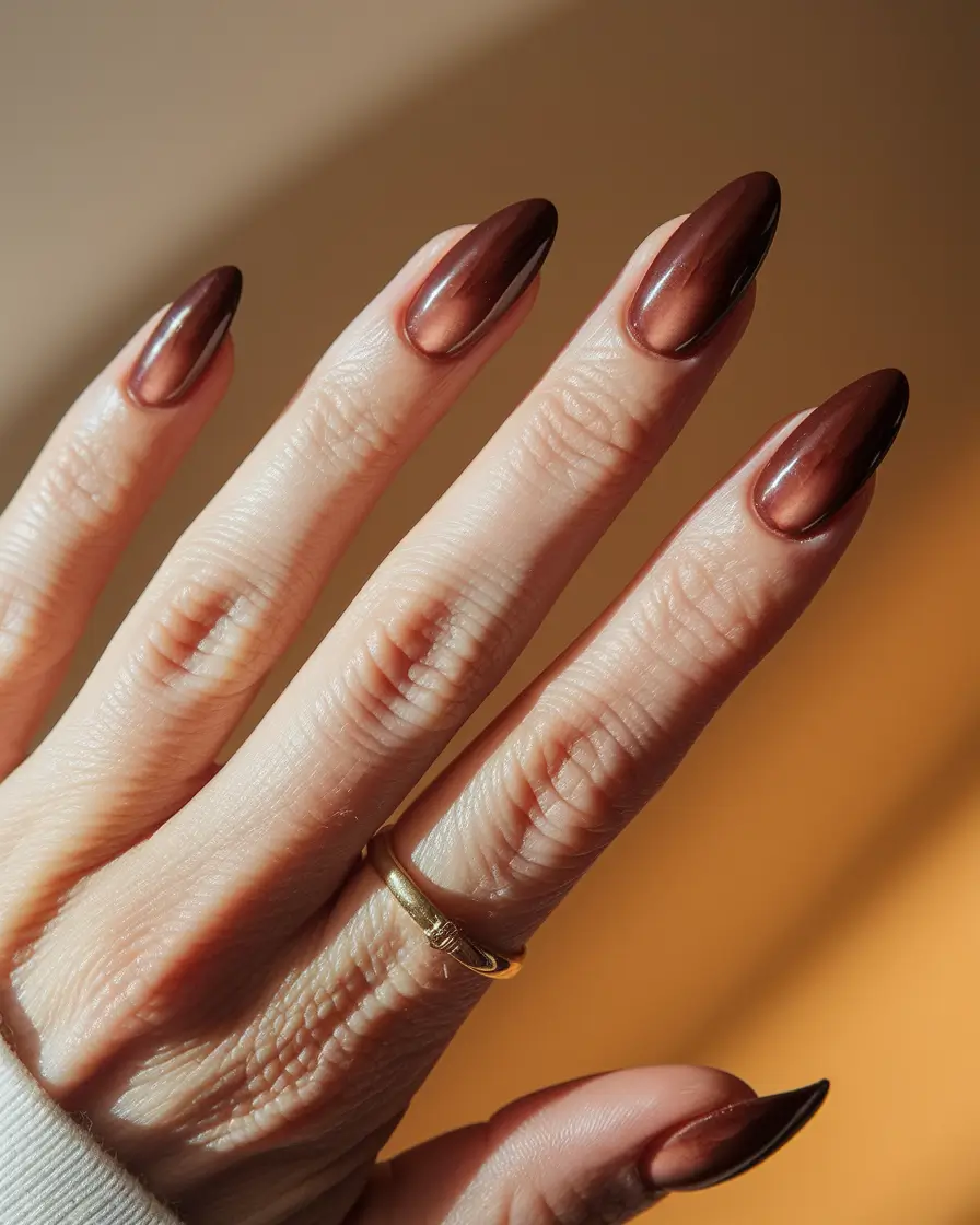 Best Fall 2025 Nail Color Ideas for Women Over 60 — Mocha Cat-Eye Almond — Molten Brown With Soft Dimension
