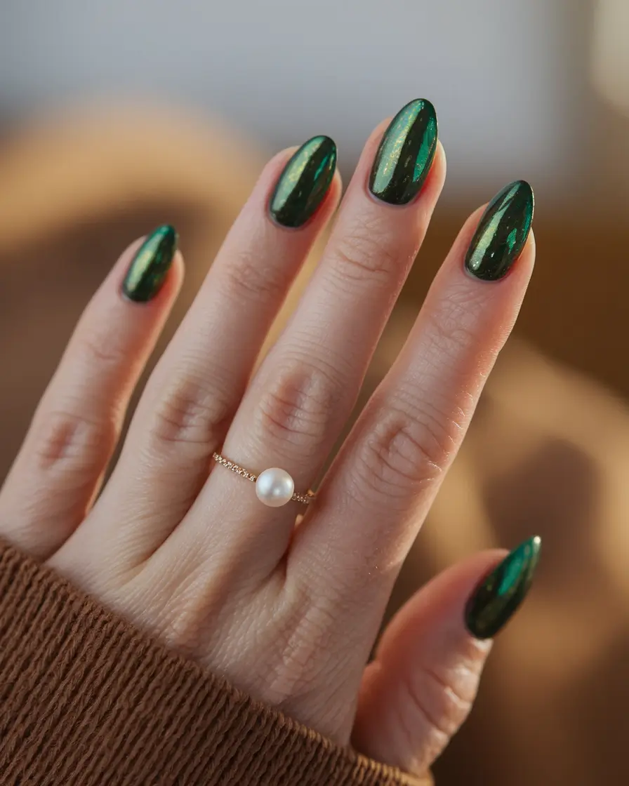 Best Fall 2025 Nail Color Ideas for Women Over 60 — Emerald Cat-Eye — Magnetic Green With Evening Energy