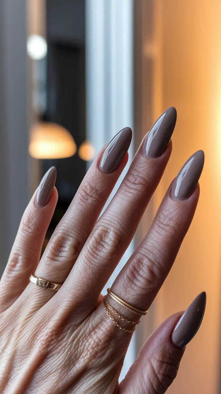 Best Fall 2025 Nail Color Ideas for Women Over 60 — Cocoa Almond — Long Neutral That Loves Gold Jewelry