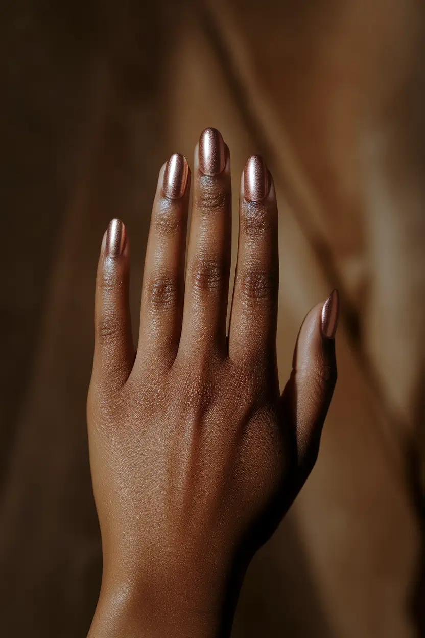 fall nail colors for brown skin - Rose-Gold Chrome, Cozy-Metallic Finish
