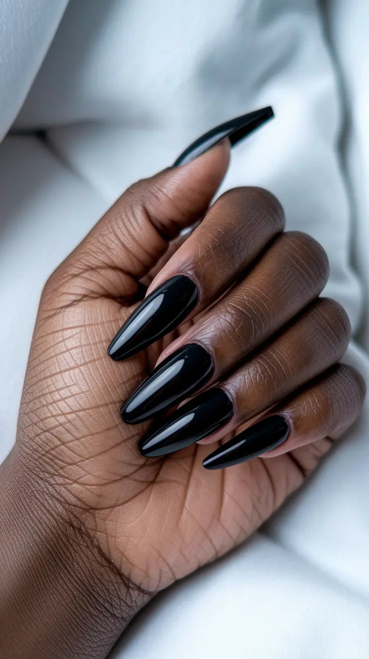 fall nail colors for brown skin - Black-Lacquer Stiletto