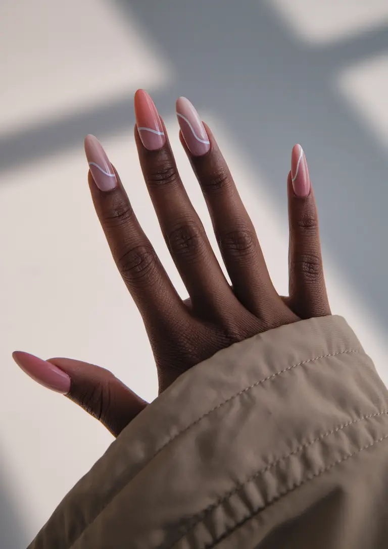 fall nail colors for brown skin - Soft Almond Swirls in Rosy Nude