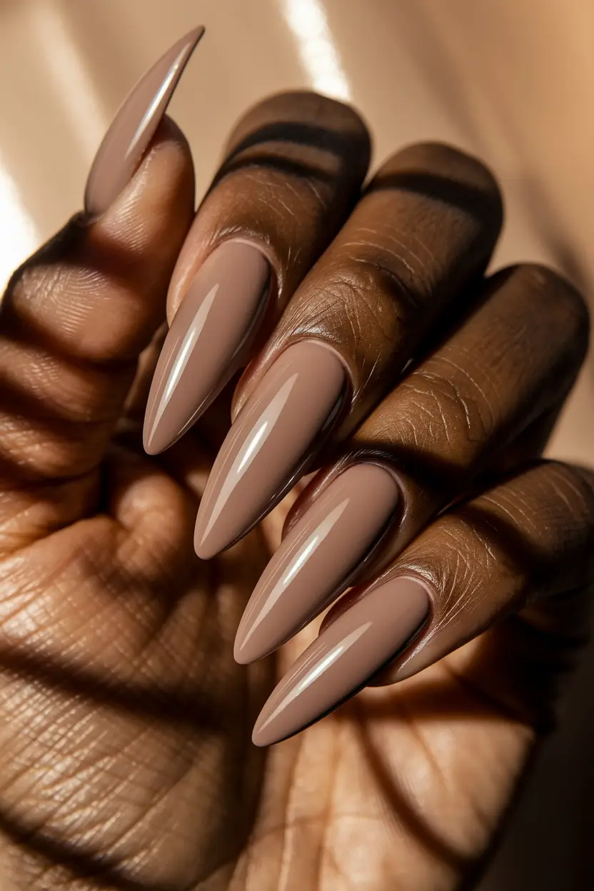 fall nail colors for brown skin - Mocha-Taupe Stilettos, Minimalist Power