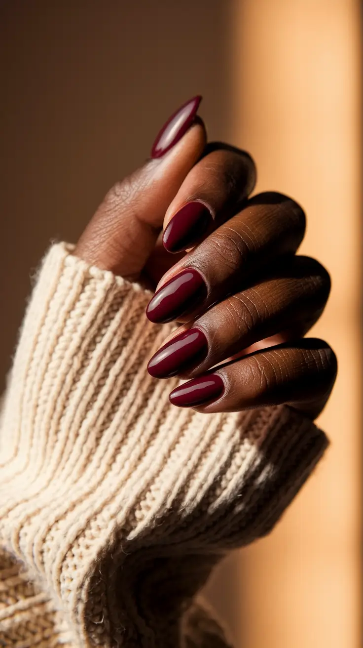 Trendy Fall 2025 Nail Colors for Dark Skin — Garnet Gloss Almonds