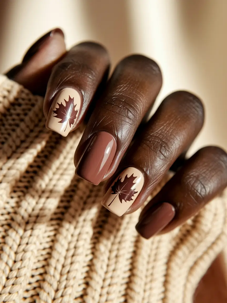Trendy Fall 2025 Nail Colors for Dark Skin — Maple-Leaf Accent Squares