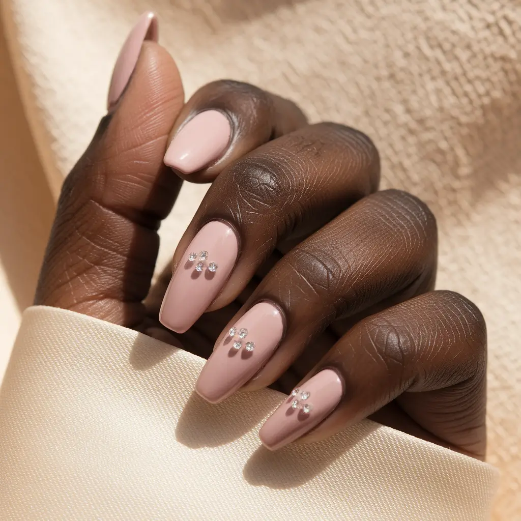 Trendy Fall 2025 Nail Colors for Dark Skin — Crystal-Dotted Nude Almonds