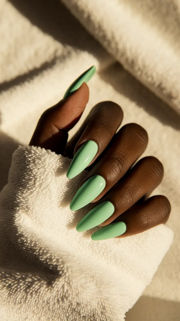 Trendy Fall 2025 Nail Colors for Dark Skin — Cashmere Pistachio Almonds