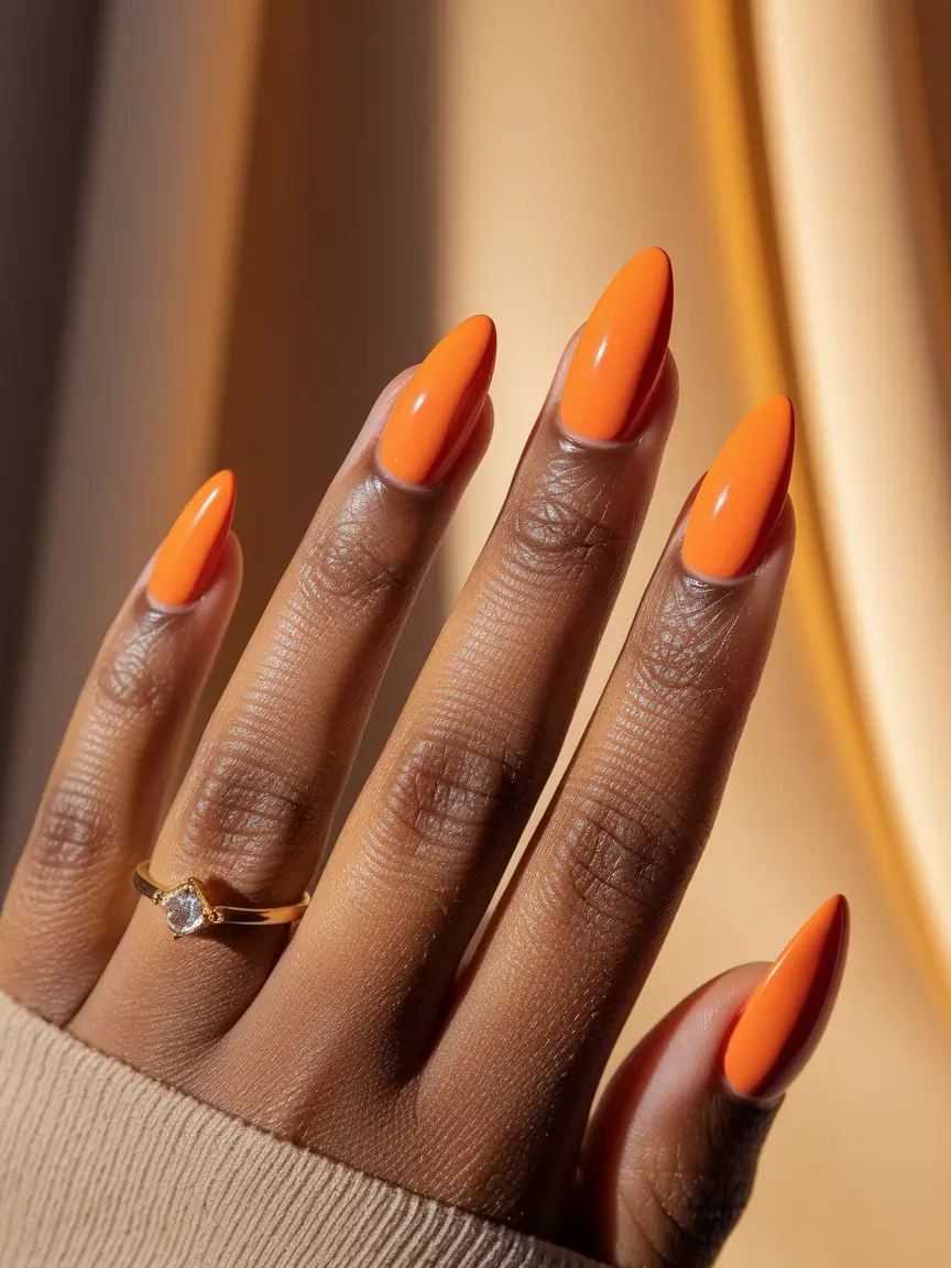 Trendy Fall 2025 Nail Colors for Dark Skin — Clementine Pop Almonds
