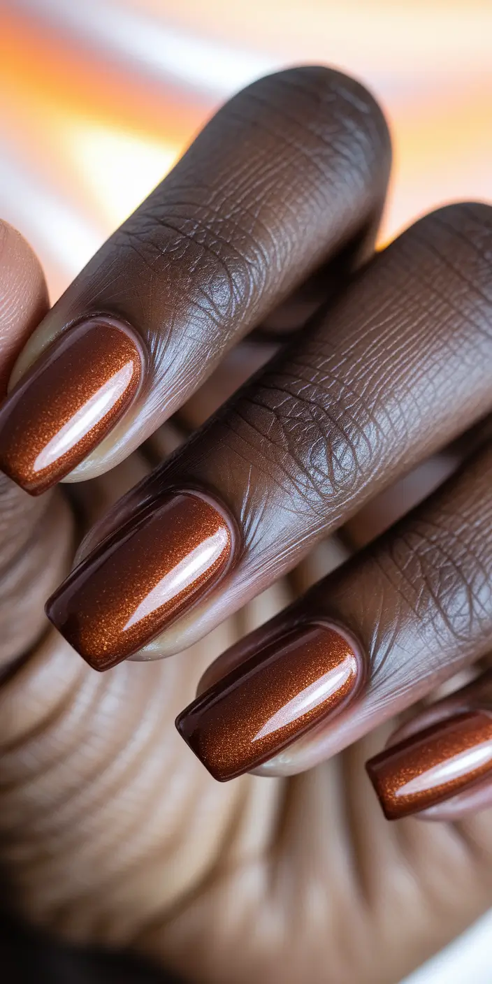 Trendy Fall 2025 Nail Colors for Dark Skin — Spiced Copper Chrome