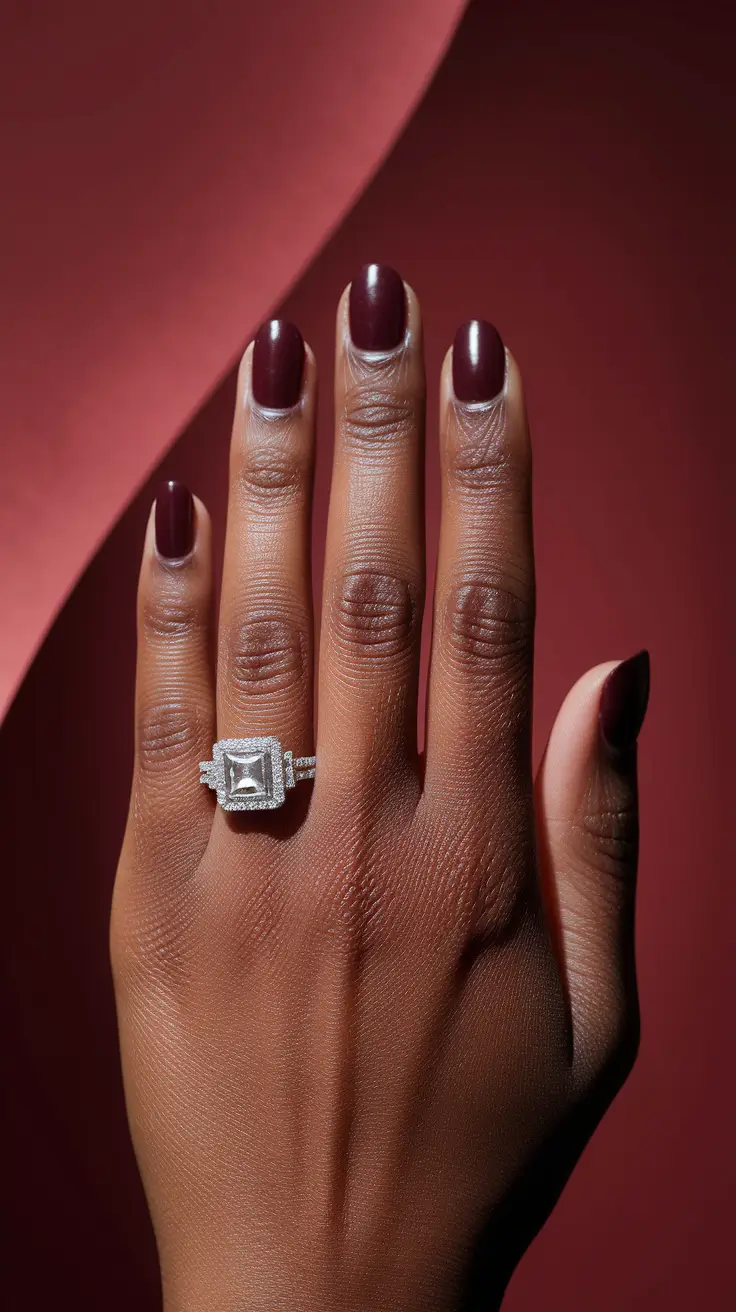 Trendy Fall 2025 Nail Colors for Dark Skin – Cabernet Shorties with Mirror Gloss